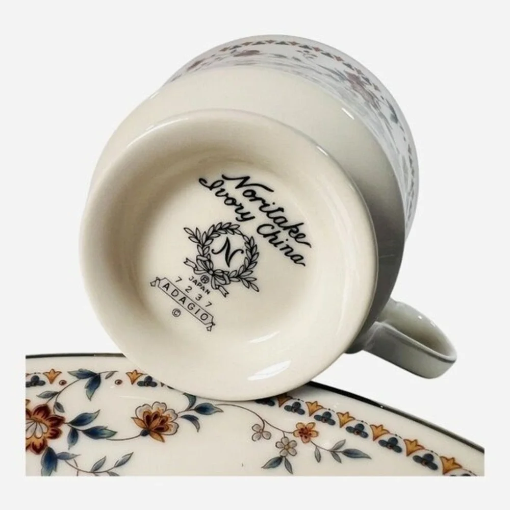 Noritake Ivory China Adagio 7237 Footed Cup Saucer Set‎ Vtg Floral gold accents
